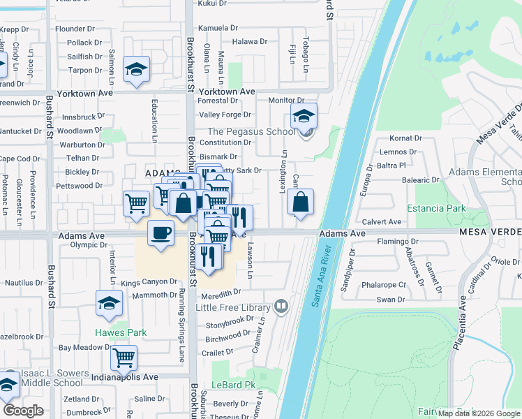 map of restaurants, bars, coffee shops, grocery stores, and more near 10238 Disney Circle in Huntington Beach