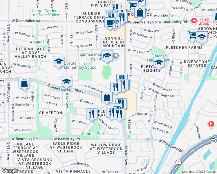 map of restaurants, bars, coffee shops, grocery stores, and more near 20953 North 84th Lane in Peoria
