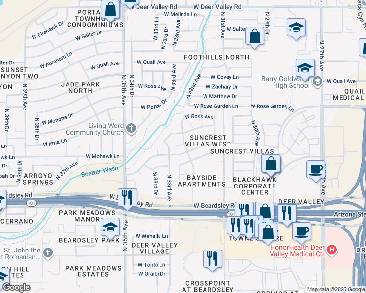 map of restaurants, bars, coffee shops, grocery stores, and more near 3231 W Irma Ln in Phoenix