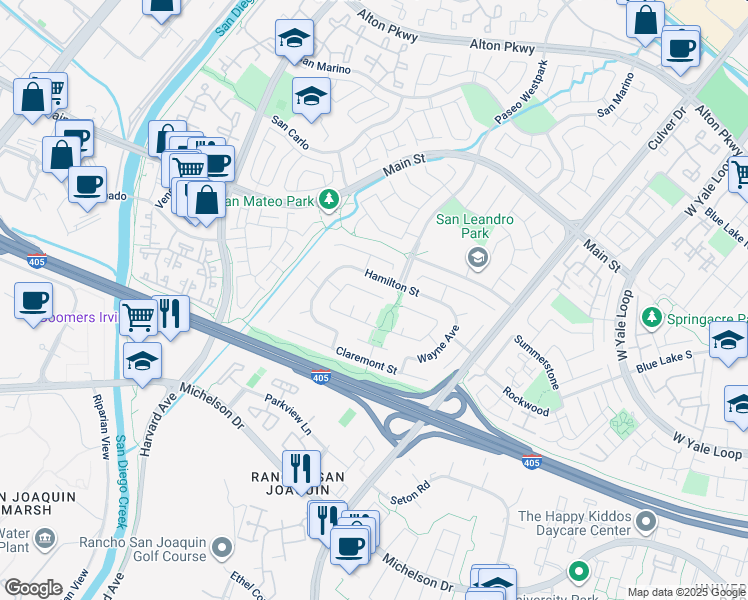 map of restaurants, bars, coffee shops, grocery stores, and more near 3716 Bates Street in Irvine