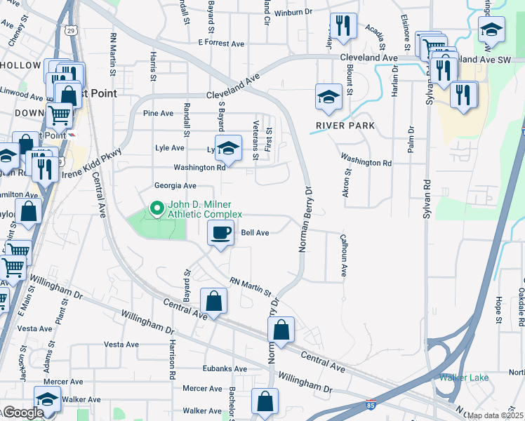 map of restaurants, bars, coffee shops, grocery stores, and more near 1223 Calhoun Avenue in East Point