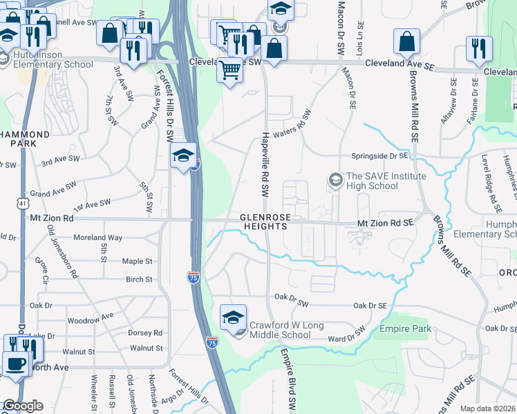 map of restaurants, bars, coffee shops, grocery stores, and more near 149 Mount Zion Road Southwest in Atlanta