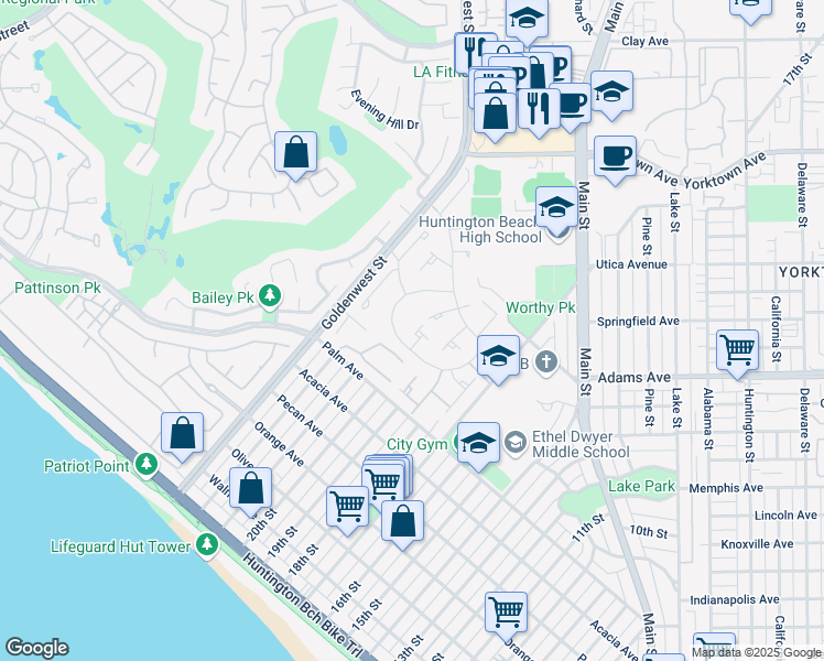 map of restaurants, bars, coffee shops, grocery stores, and more near 19807 Riptide Circle in Huntington Beach