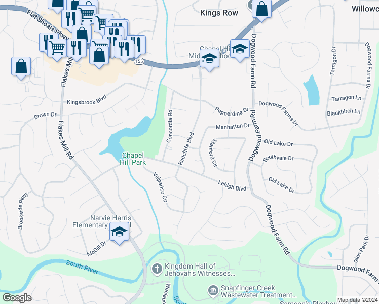 map of restaurants, bars, coffee shops, grocery stores, and more near 3694 Radcliffe Boulevard in Decatur