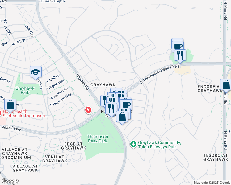 map of restaurants, bars, coffee shops, grocery stores, and more near East Thompson Peak Parkway in Scottsdale