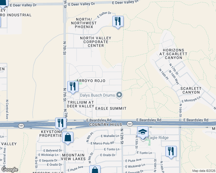 map of restaurants, bars, coffee shops, grocery stores, and more near 1027 East Irma Lane in Phoenix