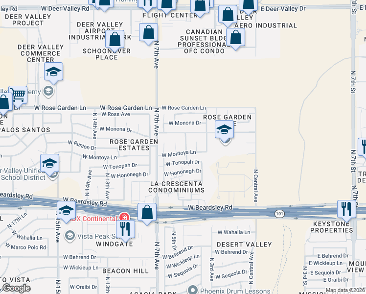 map of restaurants, bars, coffee shops, grocery stores, and more near 20601 North 5th Avenue in Phoenix