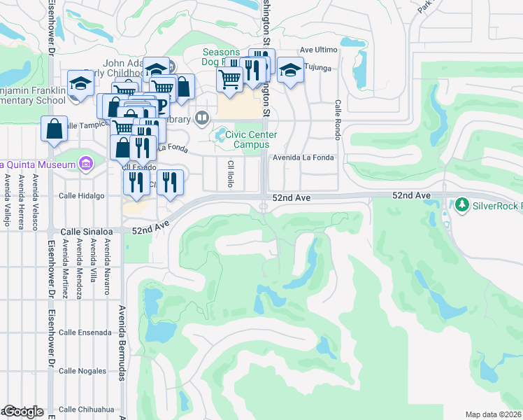 map of restaurants, bars, coffee shops, grocery stores, and more near 50905 Avenida Bermudas in La Quinta