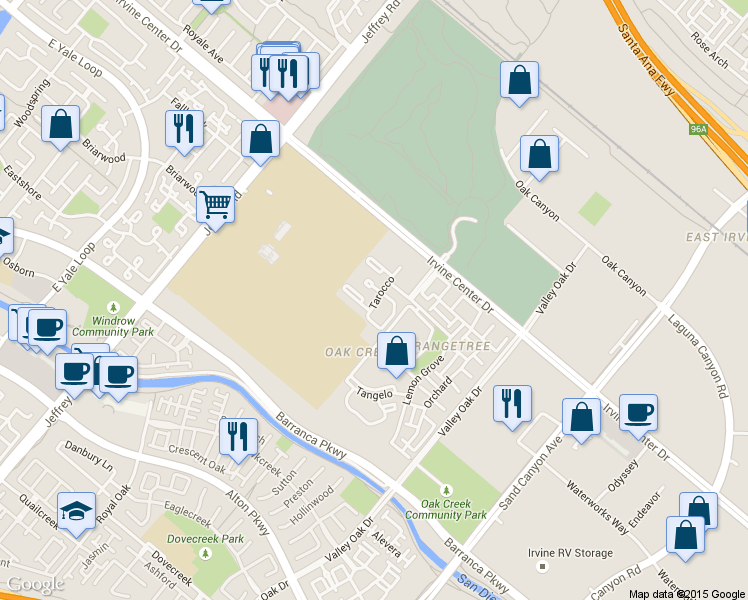 map of restaurants, bars, coffee shops, grocery stores, and more near 261 Tarocco in Irvine