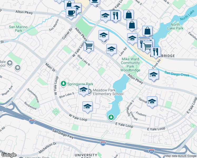map of restaurants, bars, coffee shops, grocery stores, and more near 7 Whitecloud in Irvine