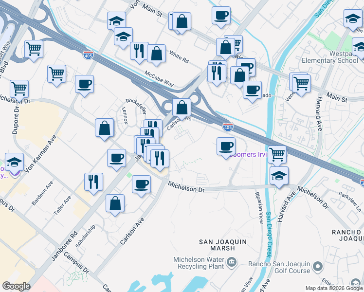 map of restaurants, bars, coffee shops, grocery stores, and more near Unnamed Road in Irvine