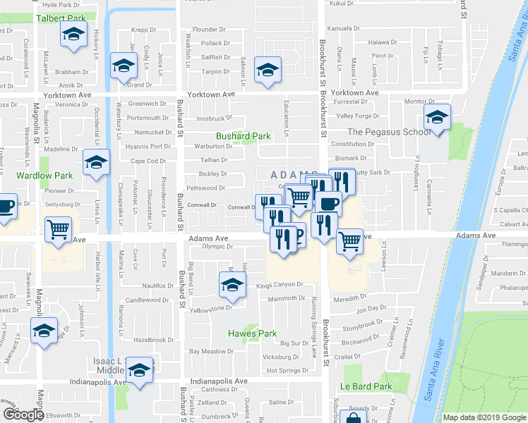 map of restaurants, bars, coffee shops, grocery stores, and more near 357 Cornwall Drive in Huntington Beach