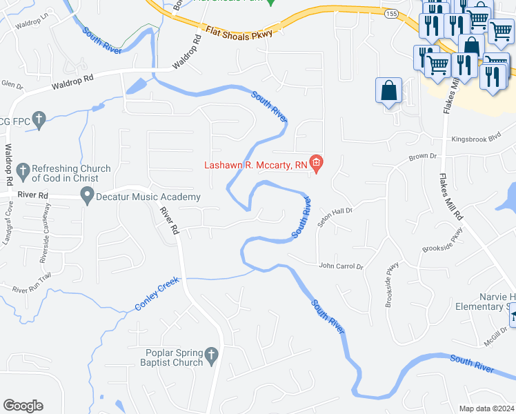 map of restaurants, bars, coffee shops, grocery stores, and more near 3592 Riverchase Drive in Decatur