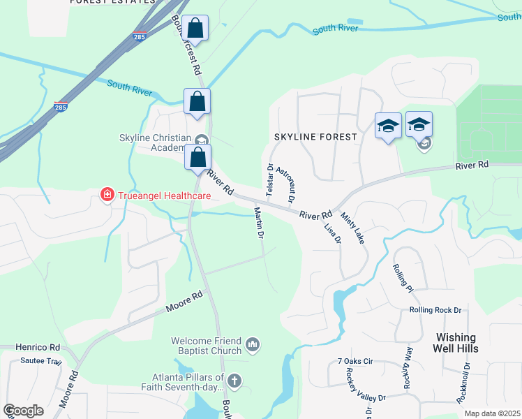 map of restaurants, bars, coffee shops, grocery stores, and more near 2103 River Road in Ellenwood
