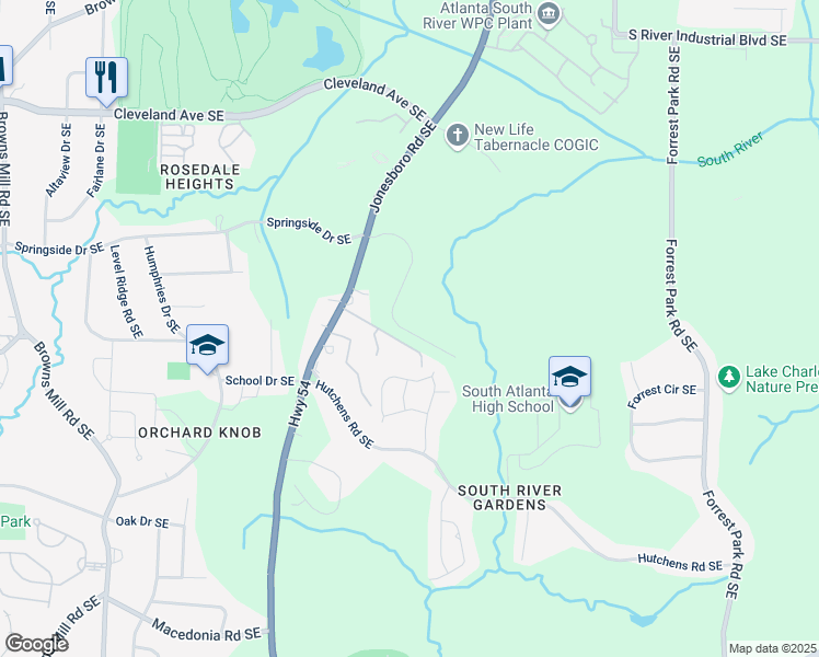 map of restaurants, bars, coffee shops, grocery stores, and more near 591 River Gardens Drive in Atlanta