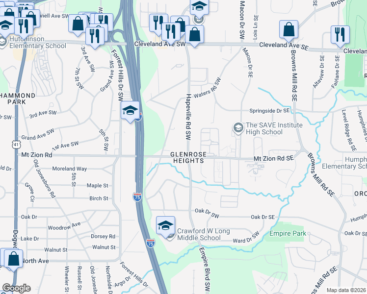 map of restaurants, bars, coffee shops, grocery stores, and more near 149 Mount Zion Road Southwest in Atlanta
