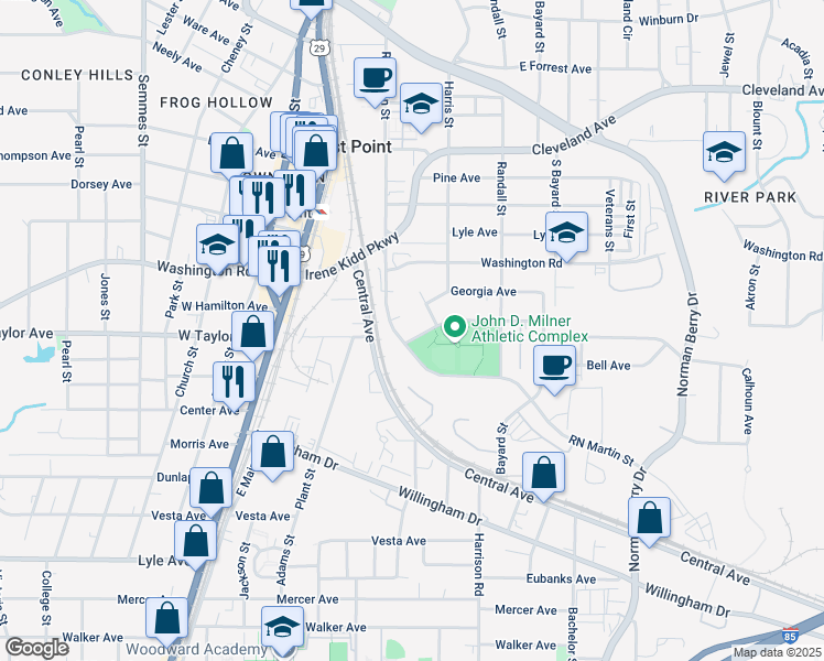 map of restaurants, bars, coffee shops, grocery stores, and more near 1471 Holcomb Avenue in East Point
