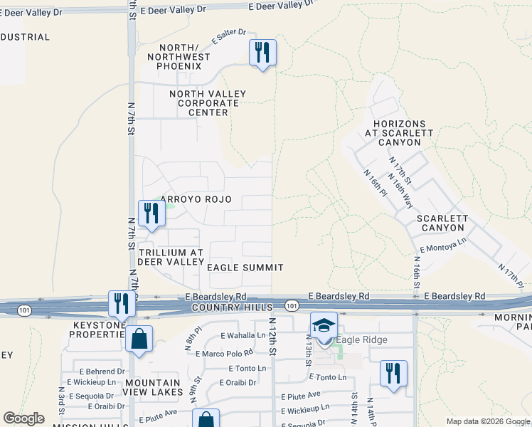map of restaurants, bars, coffee shops, grocery stores, and more near 1133 East Irma Lane in Phoenix