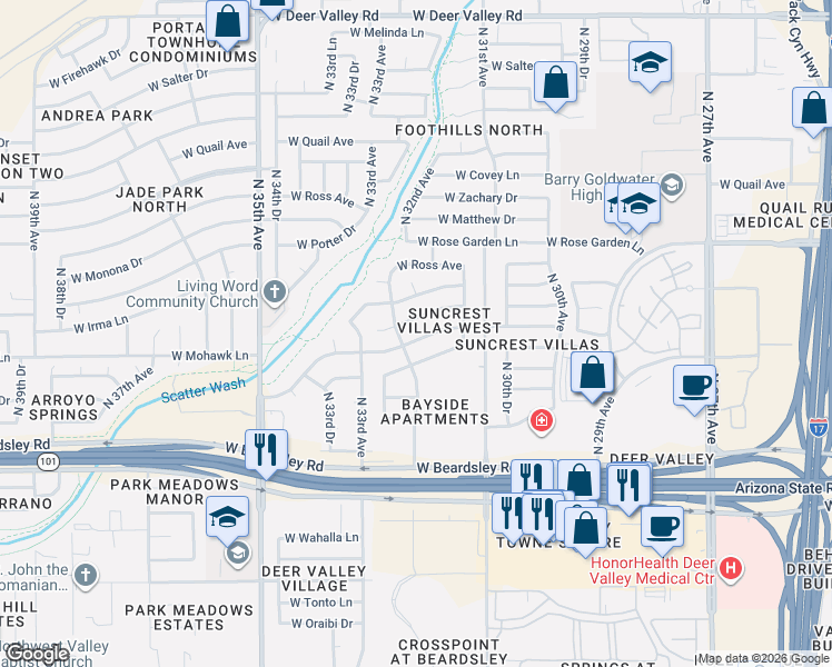map of restaurants, bars, coffee shops, grocery stores, and more near 3201 West Mohawk Lane in Phoenix