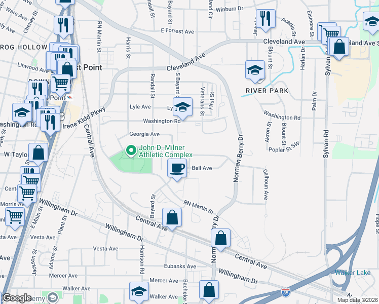 map of restaurants, bars, coffee shops, grocery stores, and more near 1265 Calhoun Avenue in East Point