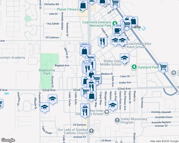 map of restaurants, bars, coffee shops, grocery stores, and more near Damascus Avenue in Coachella