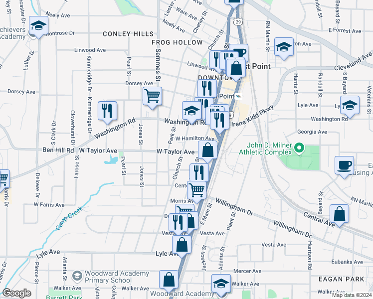 map of restaurants, bars, coffee shops, grocery stores, and more near 1715 West Taylor Avenue in East Point