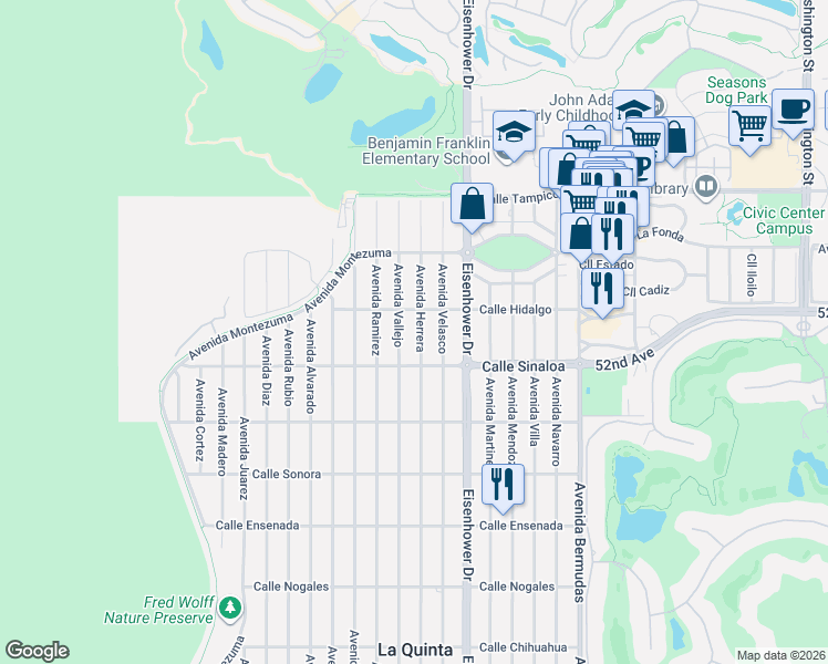 map of restaurants, bars, coffee shops, grocery stores, and more near 51625 Avenue Herrera in La Quinta