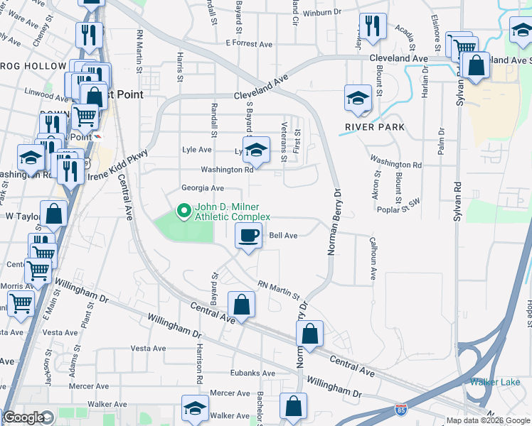 map of restaurants, bars, coffee shops, grocery stores, and more near 1265 Calhoun Avenue in East Point