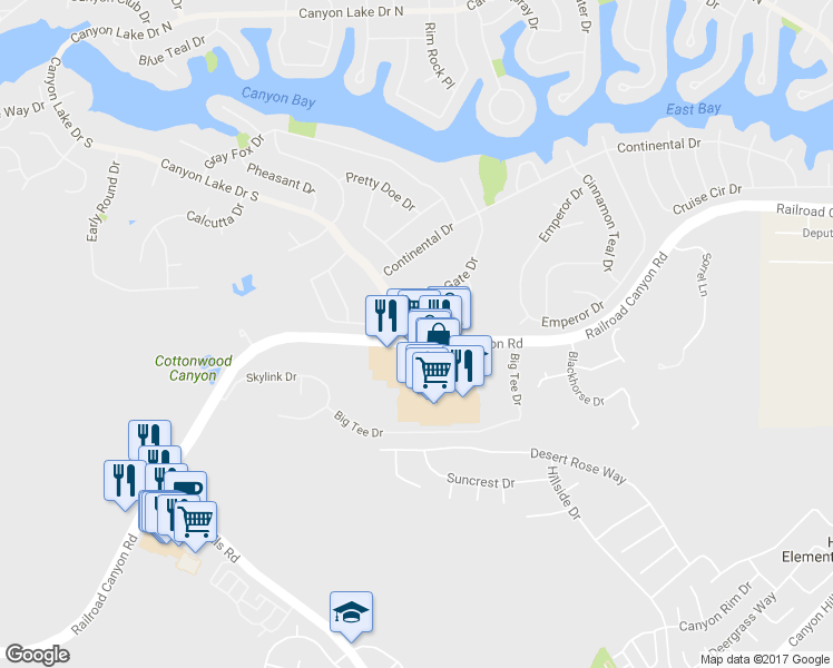 map of restaurants, bars, coffee shops, grocery stores, and more near 30904 Long Point Drive in Canyon Lake