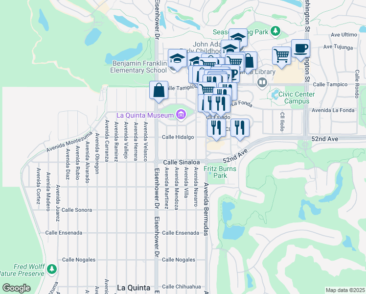 map of restaurants, bars, coffee shops, grocery stores, and more near 51607 Avenue Villa in La Quinta