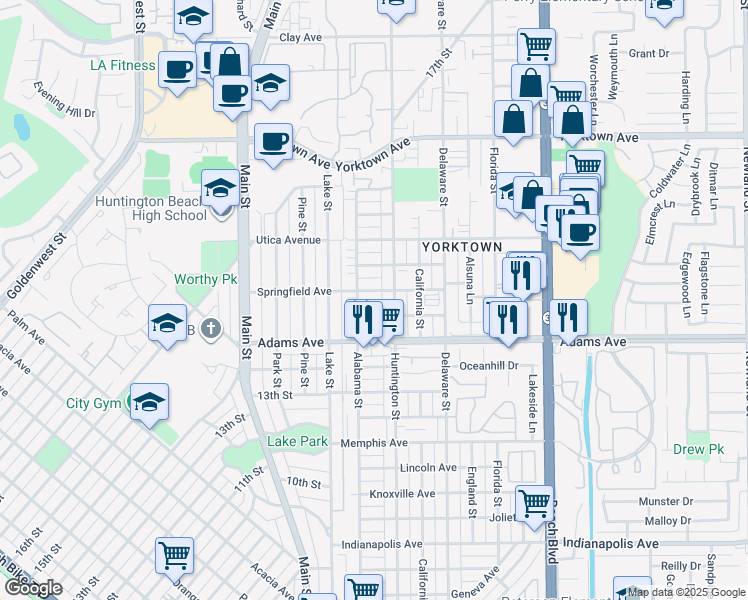 map of restaurants, bars, coffee shops, grocery stores, and more near 214 Springfield Avenue in Huntington Beach