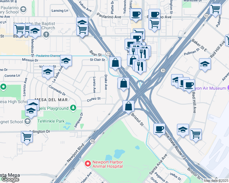 map of restaurants, bars, coffee shops, grocery stores, and more near 2755 Bristol Street in Costa Mesa