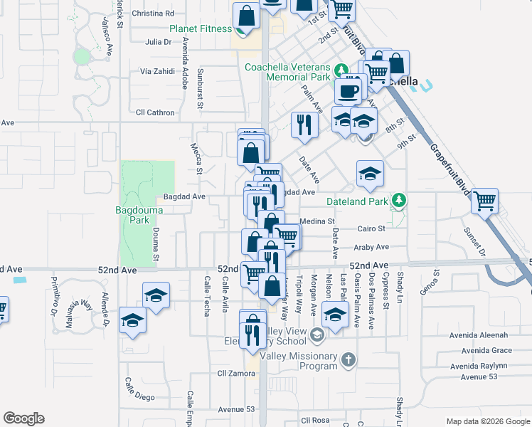 map of restaurants, bars, coffee shops, grocery stores, and more near Damascus Avenue in Coachella