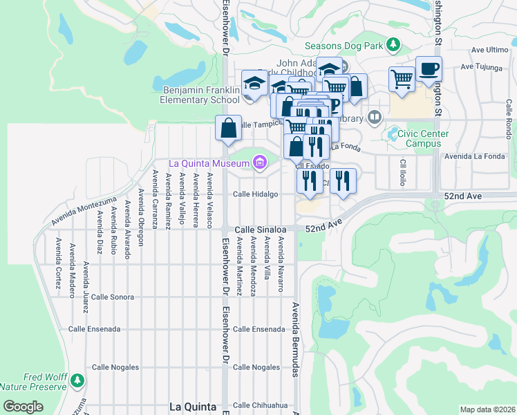 map of restaurants, bars, coffee shops, grocery stores, and more near 51600 Avenue Mendoza in La Quinta