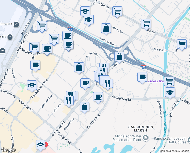 map of restaurants, bars, coffee shops, grocery stores, and more near 3710 Rivington in Irvine