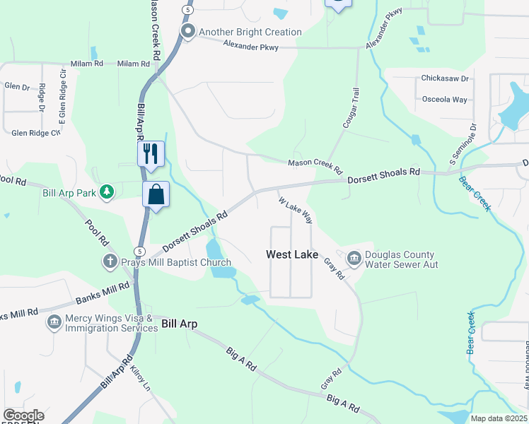 map of restaurants, bars, coffee shops, grocery stores, and more near 4870 Panola Court in Douglasville