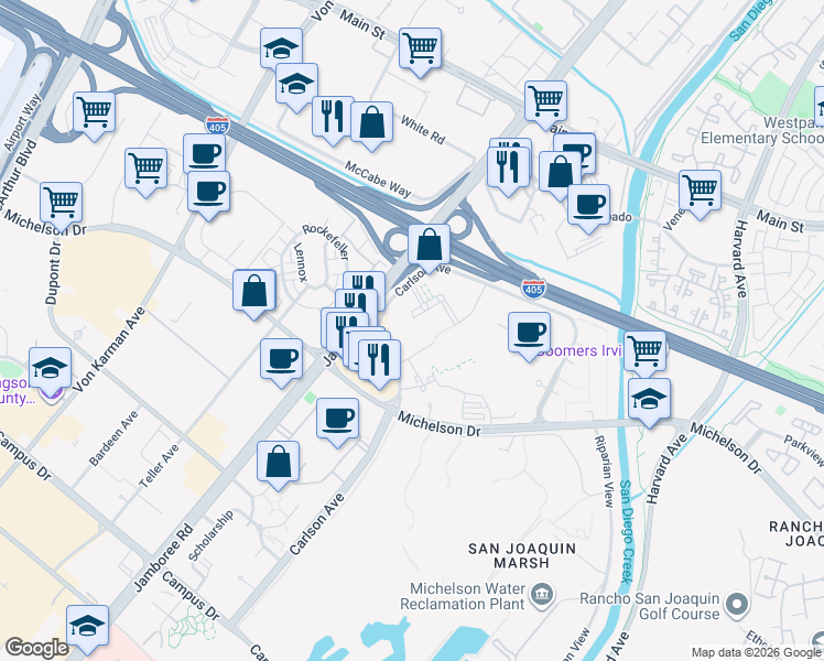 map of restaurants, bars, coffee shops, grocery stores, and more near 3131 Michelson Drive in Irvine