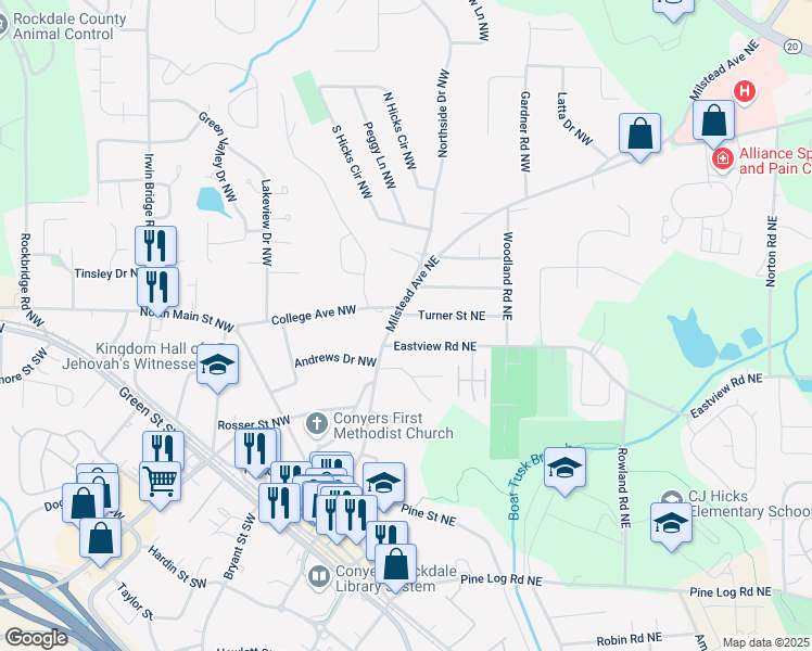 map of restaurants, bars, coffee shops, grocery stores, and more near 1141 Milstead Ave NE in Conyers