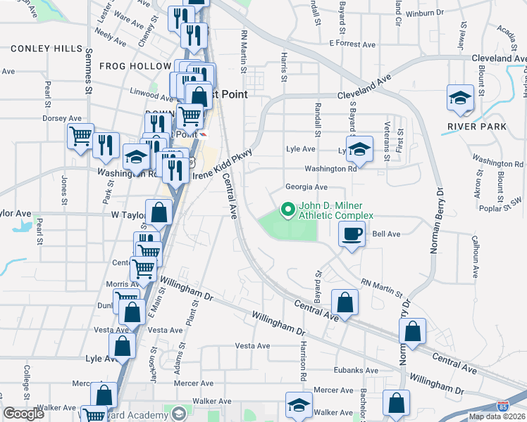 map of restaurants, bars, coffee shops, grocery stores, and more near 1465 Holcomb Avenue in East Point