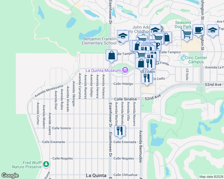map of restaurants, bars, coffee shops, grocery stores, and more near 0 Eisenhower Drive in La Quinta