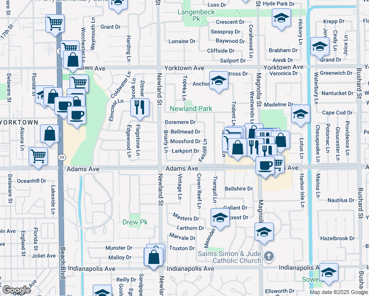 map of restaurants, bars, coffee shops, grocery stores, and more near 8631 Larkport Drive in Huntington Beach