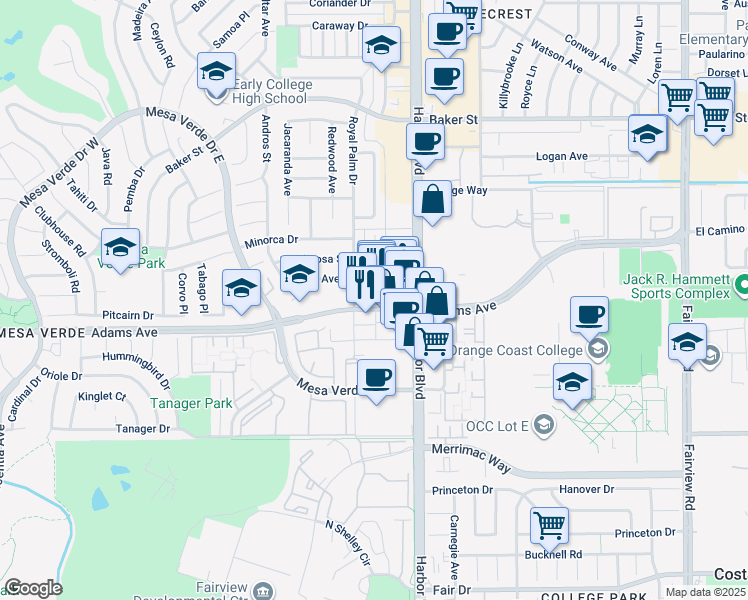 map of restaurants, bars, coffee shops, grocery stores, and more near 1534 Adams Avenue in Costa Mesa