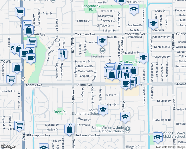 map of restaurants, bars, coffee shops, grocery stores, and more near 8711 Larkport Drive in Huntington Beach