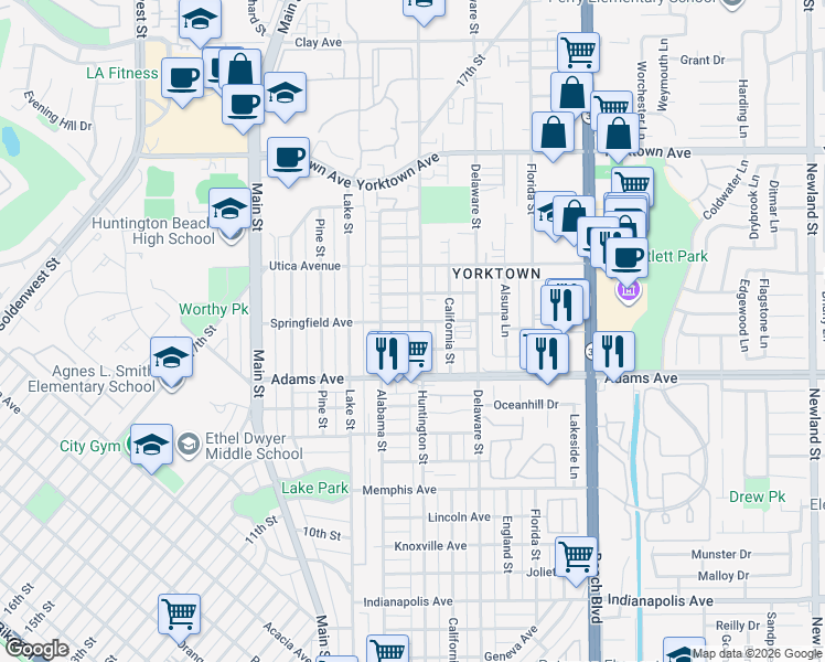 map of restaurants, bars, coffee shops, grocery stores, and more near 228 Springfield Avenue in Huntington Beach