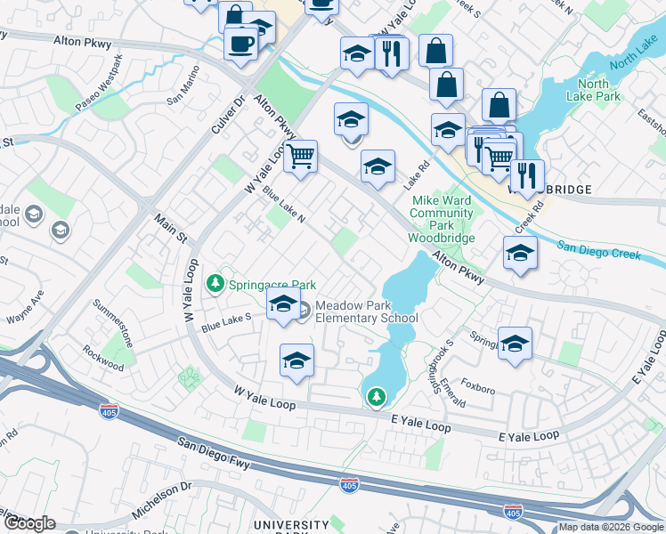 map of restaurants, bars, coffee shops, grocery stores, and more near 7 Whitecloud in Irvine