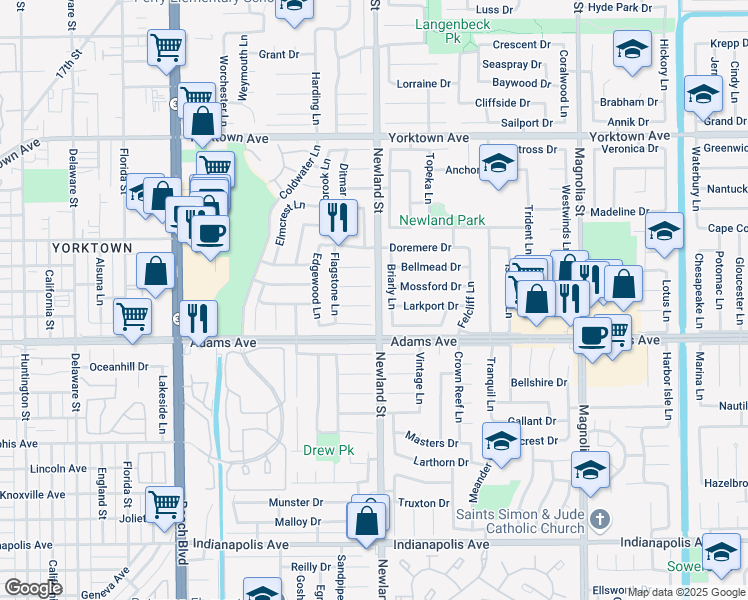 map of restaurants, bars, coffee shops, grocery stores, and more near 8481 Velvet Circle in Huntington Beach