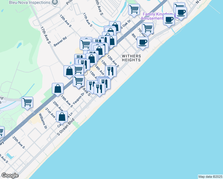 map of restaurants, bars, coffee shops, grocery stores, and more near 1405 South Ocean Boulevard in Myrtle Beach