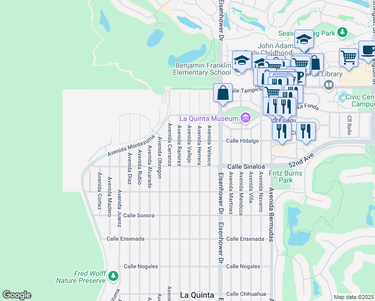 map of restaurants, bars, coffee shops, grocery stores, and more near Avenue Vallejo in La Quinta