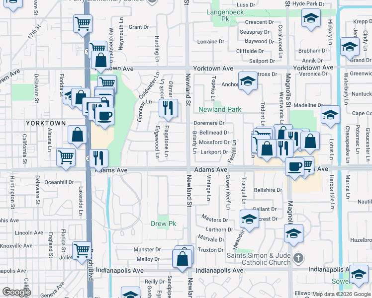 map of restaurants, bars, coffee shops, grocery stores, and more near 8481 Velvet Circle in Huntington Beach