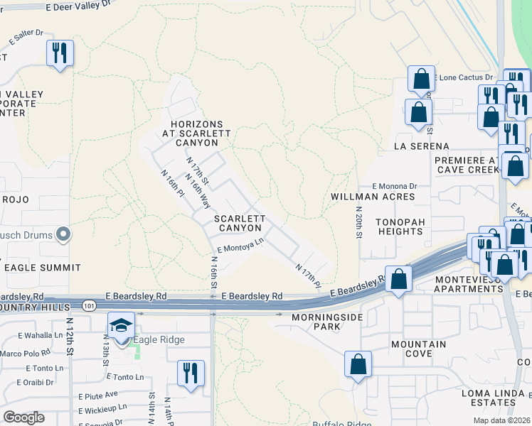 map of restaurants, bars, coffee shops, grocery stores, and more near 20469 North 17th Way in Phoenix